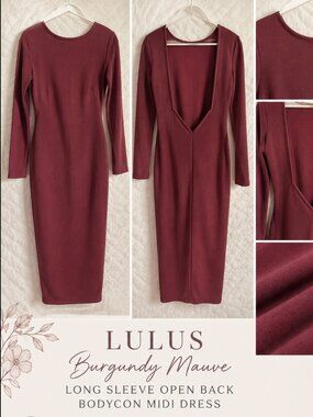 Lulus Burgundy Mauve Long Sleeve Open Back Bodycon Midi Dress